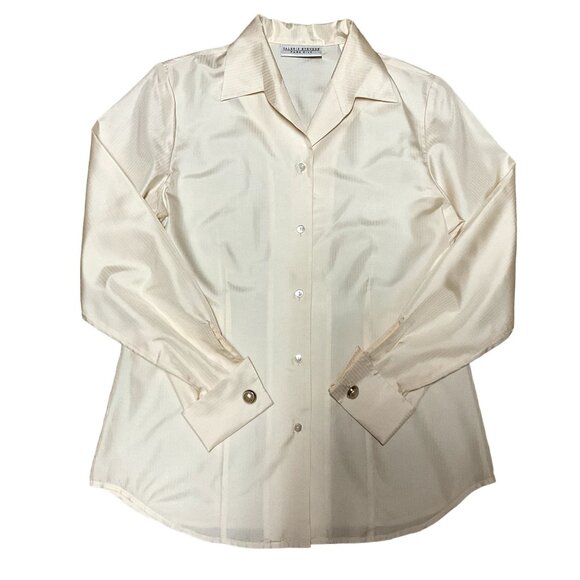 100% SILK CUFF LINKED BLOUSE SZ S CREAM VALERIE STEVENS BUTTON FRONT COLLARED - Picture 1 of 7